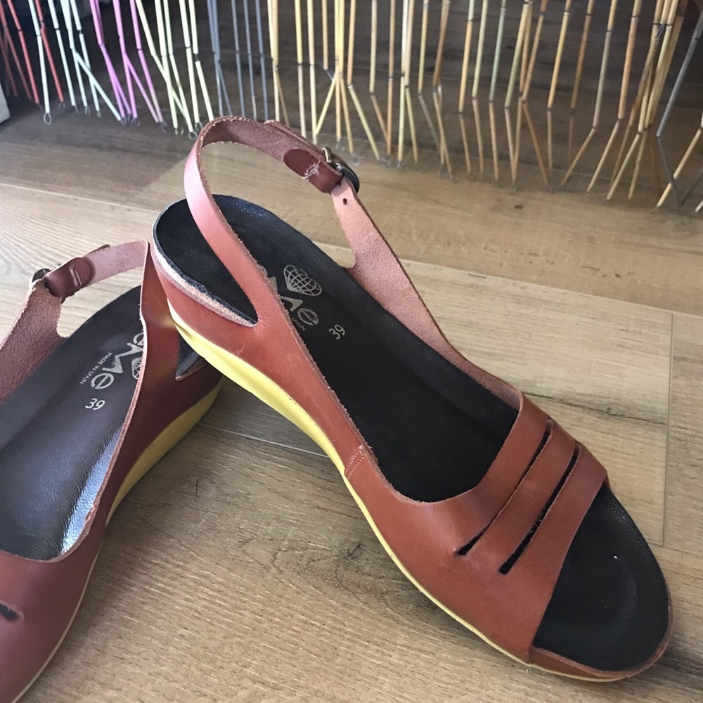 Women’s Brown Slingback Wedge Sandals with Yellow Sole